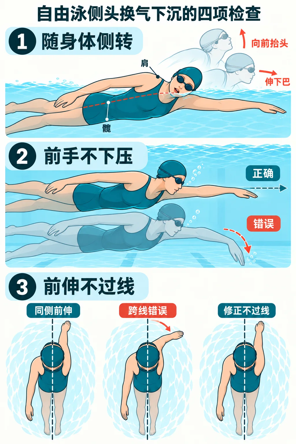 自由泳侧头换气下沉的四项检查