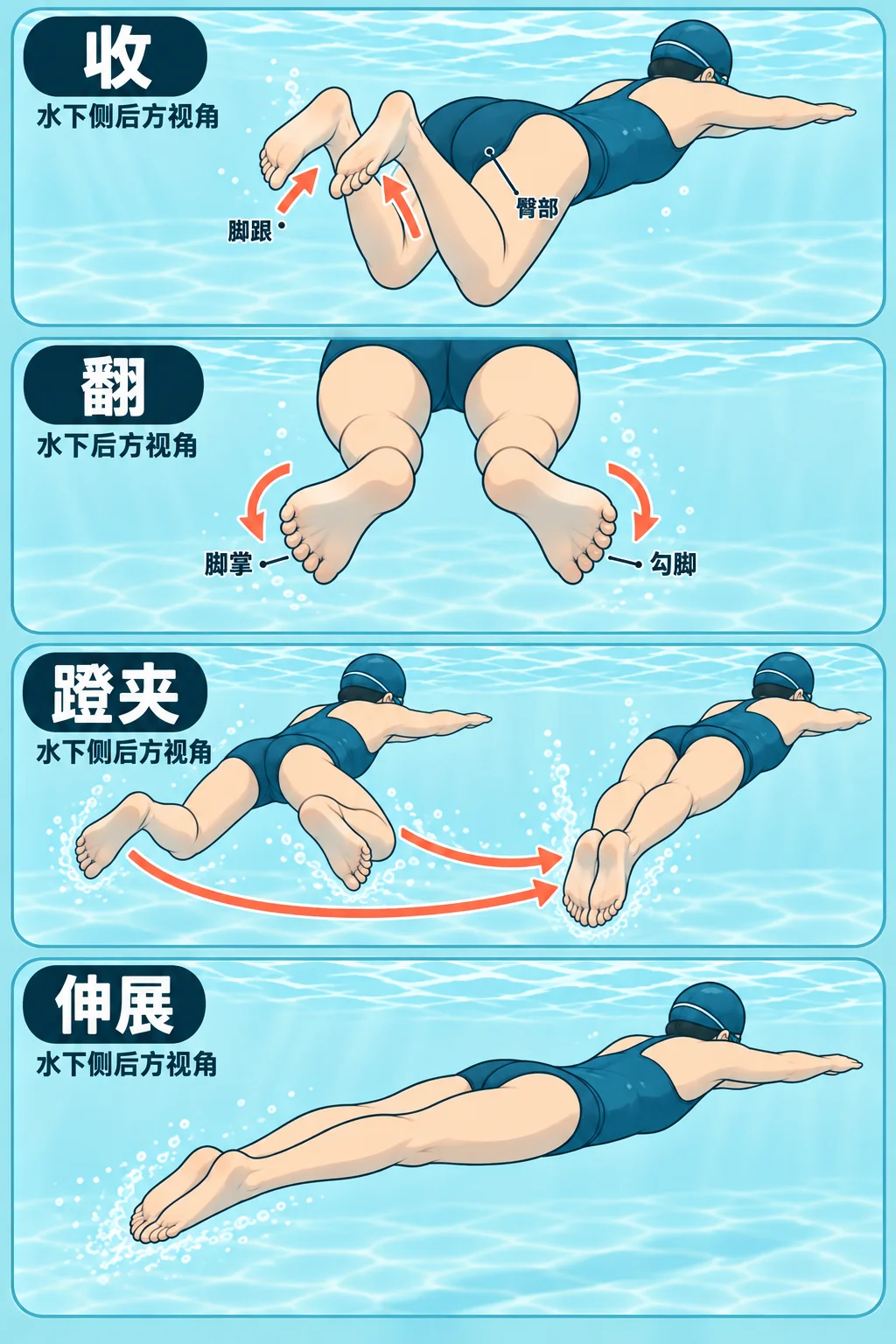 蛙泳腿怎样把收、翻、蹬、夹连起来
