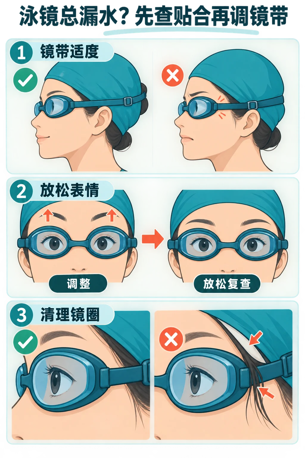 泳镜总漏水？先查贴合再调镜带